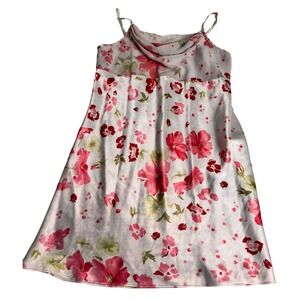 Delicates Floral Print Slip Dress Cowl Neck Spaghetti Strap Midi White Pink M